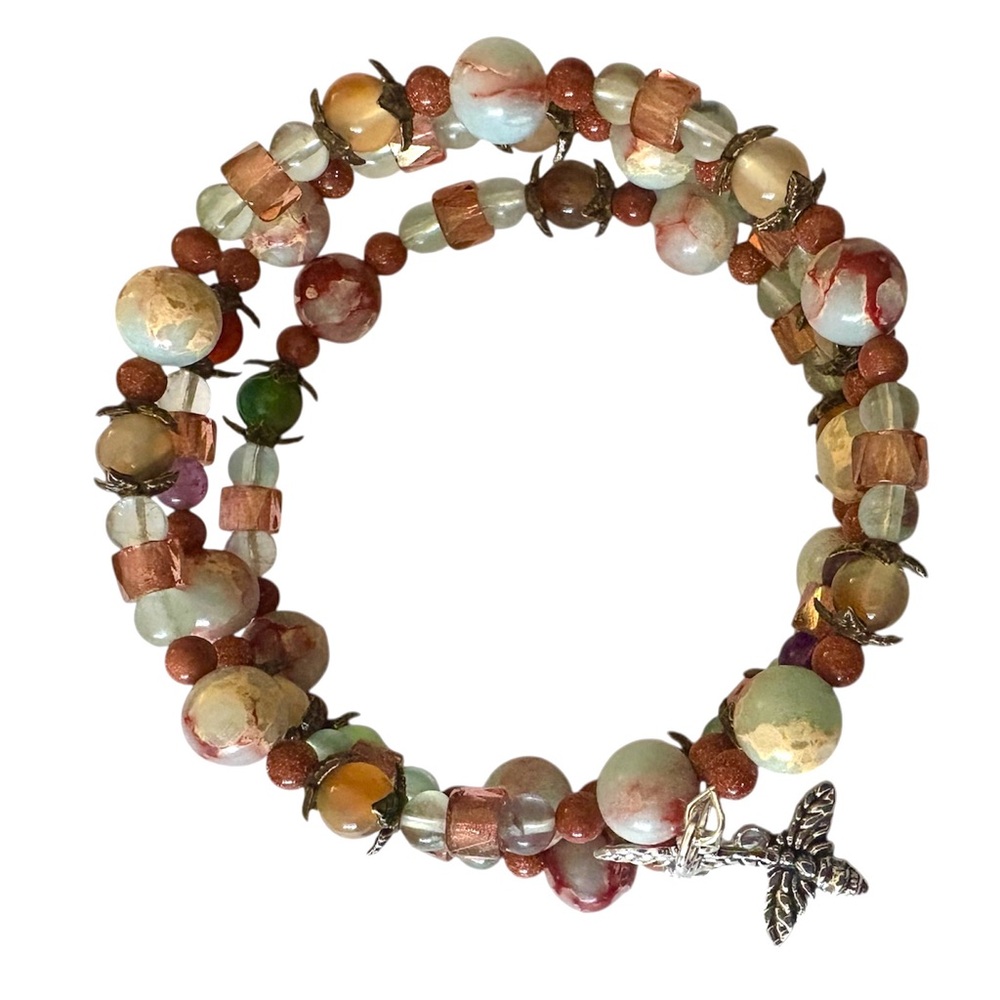Imperial Jasper, Czech Glass, Goldstone and Peacock Agate Wrap Bracelet - Picture 3 of 5
